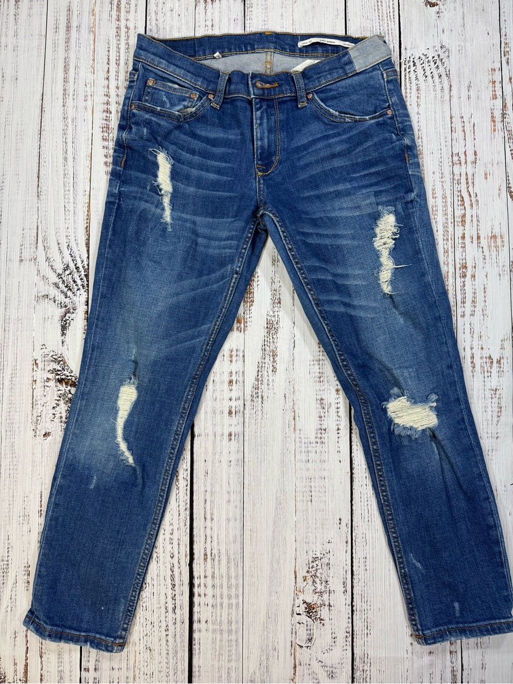 Zara Blue Distressed Boyfriend Jeans - Picture 2 of 8